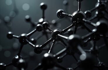 Abstract view of black molecular structure. Complex connections, shapes resemble molecules atoms. Sophisticated design suggests scientific research medical tech. Futuristic abstract illustration.