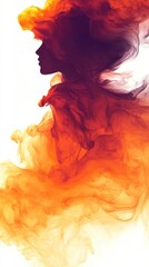 Beautiful watercolor silhouette of a woman surrounded by vibrant orange and purple smoke
