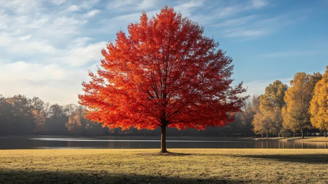 A large red tree stands in a grassy field with a lake in the background