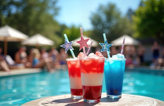 Patriotic layered drinks near pool. Festive beverages with red white, blue layers served at pool party. Star-shaped decorations, straws add to celebration. People relax by pool. Summer fun,