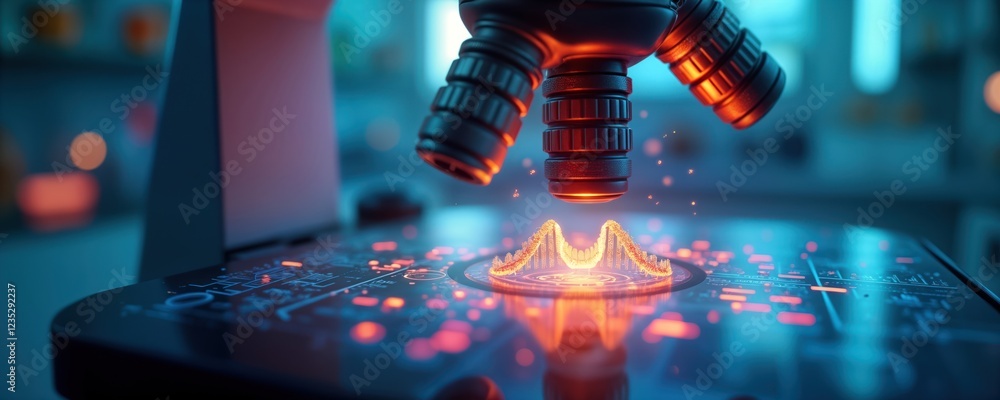 Fototapete Advanced tech equipment displays modified DNA strands under microscope in biotech lab. Scientists observe genetic transformations. Precision tech manipulates biomolecules. Biotech experiment in