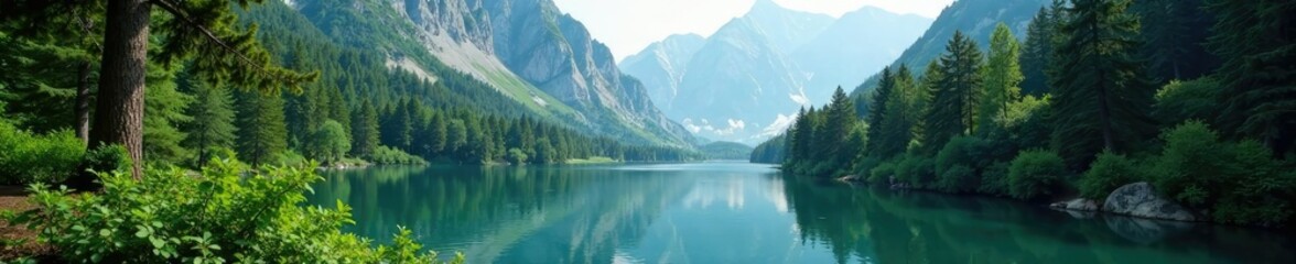 Fototapeta premium Dense forest with towering trees surrounding tranquil lago di Braies lake, tranquility, trees, forests