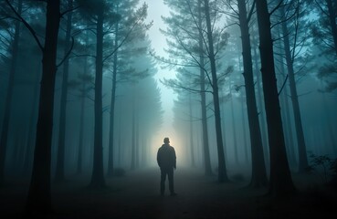 Man stands in foggy forest. Dense trees surround him. Soft light shines ahead. Mysterious, tranquil atmosphere. Isolated figure in woods. Misty woodland scene. Lonely, quiet place. Dark, peaceful.