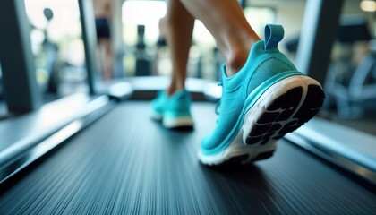 Closeup view of feet in blue athletic shoes moving on treadmill in gym. Person is exercising. Fitness routine in progress. Health and wellness concept. Modern gym equipment. Focus on active lifestyle.