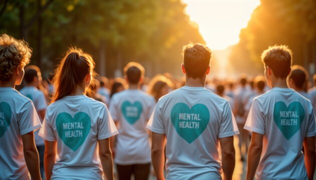 Large group people walk together in support of mental health. Participants wear matching t-shirts with teal heart symbols, words MENTAL HEALTH printed on. Public awareness activity for promoting