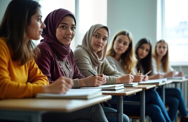 Fototapeta na wymiar Students focused, actively participating in classroom setting. Young women sitting attentively during test. Appear friendly, engaged in learning. Academic environment likely takes place in university