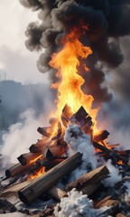 Dense white smoke billowing from a burning pyre, incense smoke, apocalyptic scene , dense fog