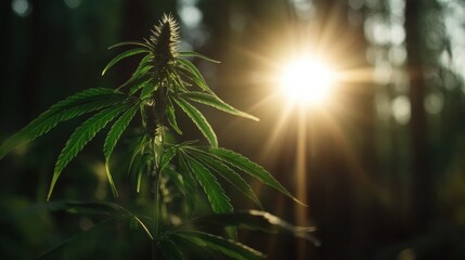 Naklejka premium Sunlit cannabis plants growing in a forest, illuminated by warm golden sunlight. Free copy space