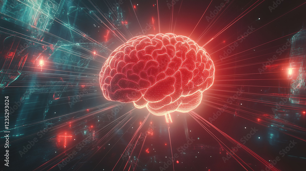 Poster conceptual representation of human brain connected to artificial intelligence in a futuristic settin