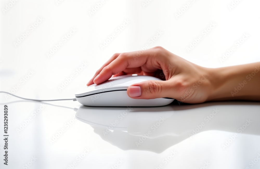 Poster hand using white computer mouse. modern tech device. person clicks on mouse. hand clicks wireless mo