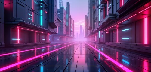 Futuristic city street with neon glow. Modern buildings, glowing lines. Person walks down street. Colorful light. Abstract. Sci-fi style. Trendy design. Perfect for advertisement game background.