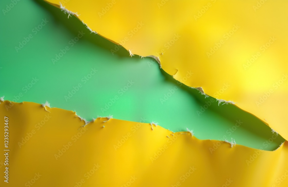 Poster torn yellow paper bright green background. abstract design with ragged edges. colorful, vibrant colo