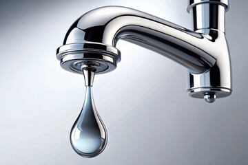 Gleaming Chrome Faucet with Falling Water Drop on White Background - Stock Photo