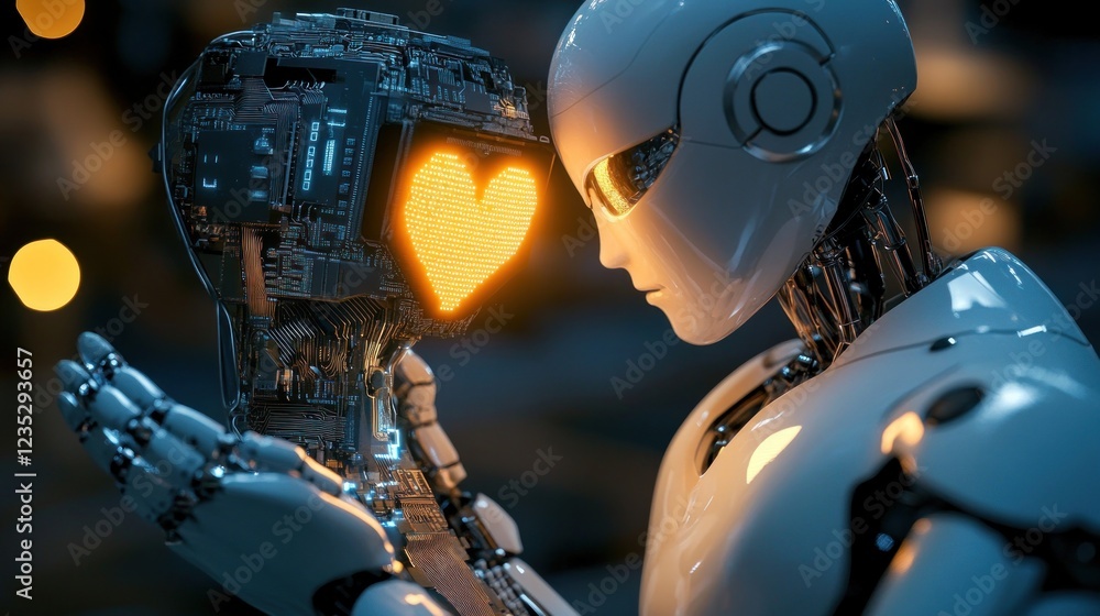 Poster two robots share a moment of digital affection