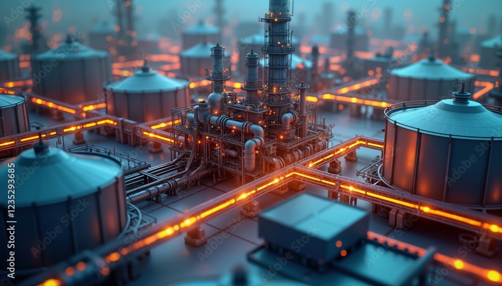 Poster Virtual model of manufacturing plant. Complex network of pipes, tanks. Optimized production in digital twin environment. Tech innovation in industrial settings. Futuristic design. Modern engineering