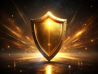 Glowing Golden Shield: Digital Security Night Photography Stock Photo