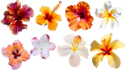 A set of tropical flowers, including hibiscus, orchids, and frangipani, isolated on a white background