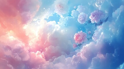 Pastel Roses Bloom Amongst Dreamlike Cloudscape