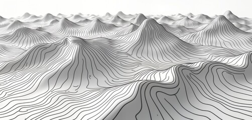 Abstract topographic map illustration displays dynamic terrain. Contour lines depict varied elevation changes. Geometric patterns create complex landscape. Illustration ideal for use in business