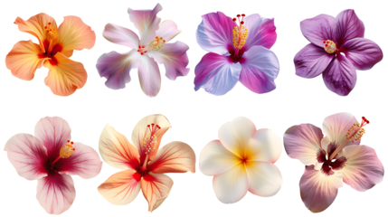 A set of tropical flowers, including hibiscus, orchids, and frangipani, isolated on a white background