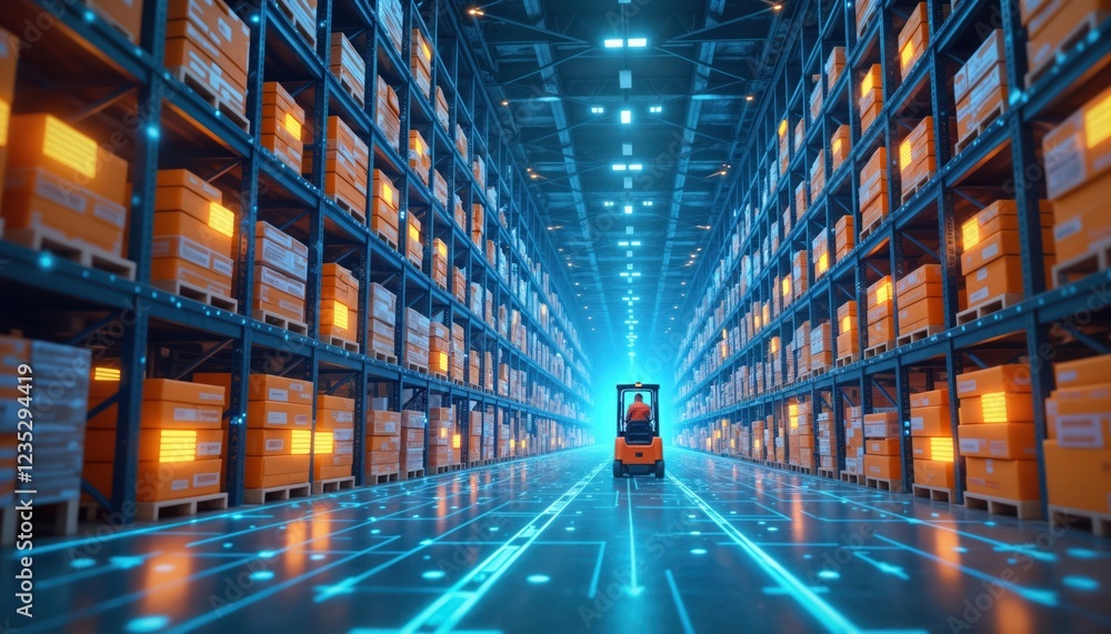 Poster futuristic warehouse tech automation. orange boxes lit by inner light on metal racks. person drives 