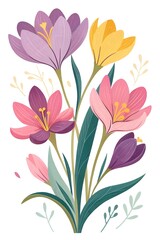 Spring Crocus Flowers Bouquet Illustration Floral Design Botanical Art