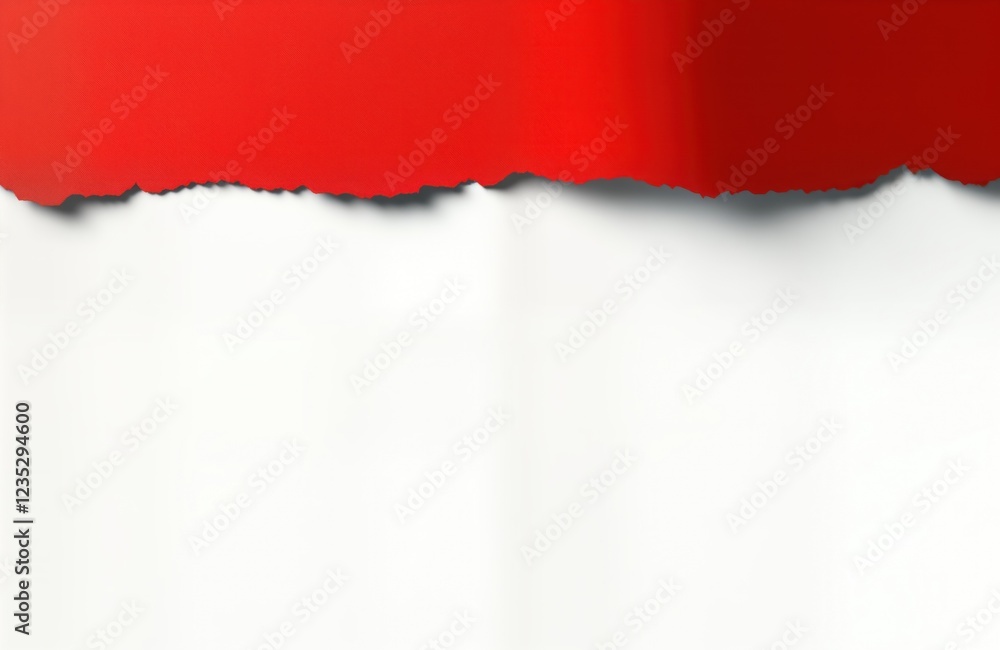 Poster Red ripped paper piece against blank white paper. Ripped paper edge shows. Abstract design element. Suitable for various concepts. Creative design idea. Simple background for advertisement message.