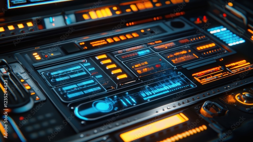 Poster futuristic control panel with glowing displays and buttons