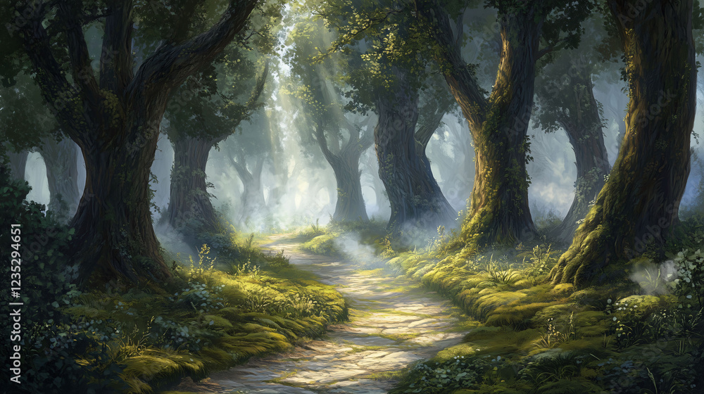 Poster winding forest pathway surrounded by towering trees and dappled sunlight in a serene natural setting