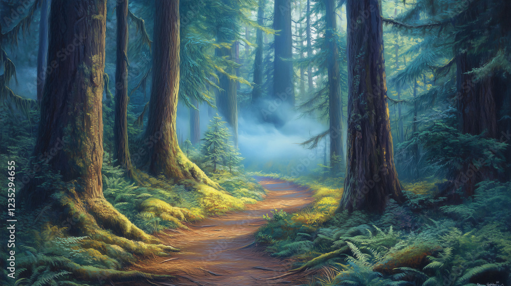 Aufkleber winding pathway through a dense forest filled with towering trees and lush greenery. generative ai