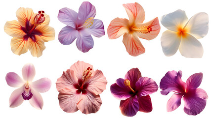 A set of tropical flowers, including hibiscus, orchids, and frangipani, isolated on a white background