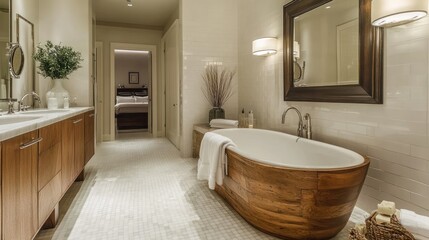 Luxurious Modern Bathroom Featuring Wooden Freestanding Tub