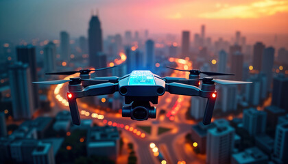AI drone monitors city infrastructure. Drone hovers above urban area. Digital interface displays road conditions, traffic flow. Analyzing public safety. High tech solution for traffic management.