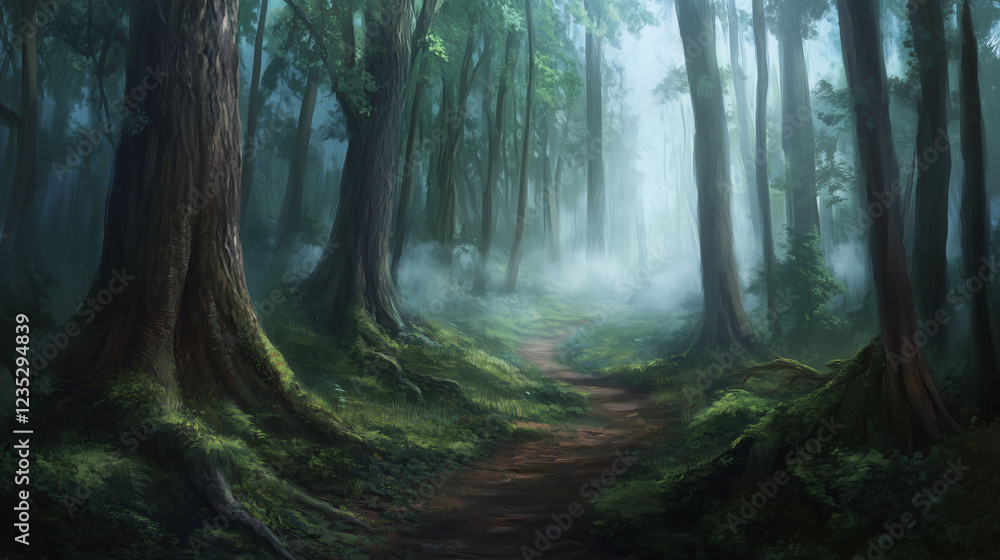 Poster winding forest pathway through towering trees in a misty landscape. generative ai