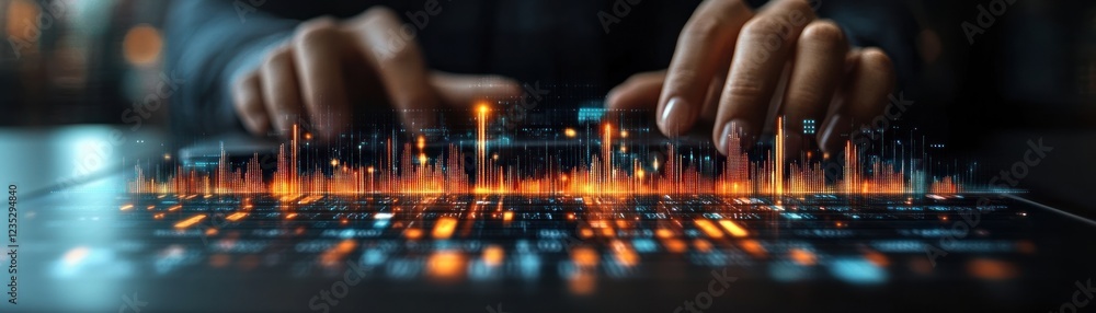 Poster Hands Interacting With Digital Cityscape Data Visualization