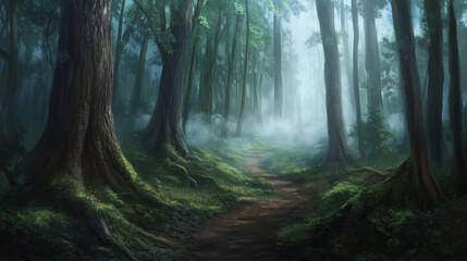 Fototapeta premium Winding Forest Pathway Through Towering Trees in a Misty Landscape. Generative AI