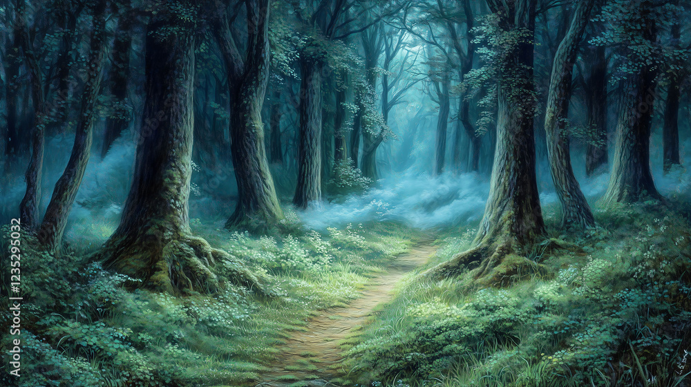 Poster winding pathway through a dense forest with towering trees and mist. generative ai
