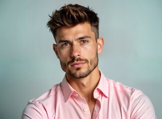 Obraz premium Young man in pink shirt poses confidently. Stylish haircut, serious expression. Studio portrait. Fashionable, attractive. Modern, trendy style. Casual attire. Attractive, photogenic man. Serious,