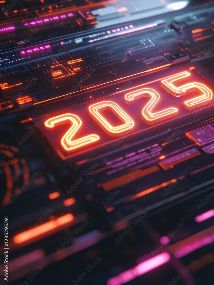 Aufkleber futuristic digital calendar showcasing the year 2025 with glowing neon elements in a high tech desig