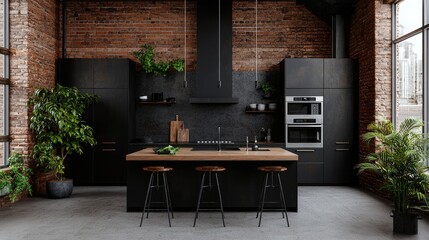 Modern black kitchen in loft, plants, brick wall