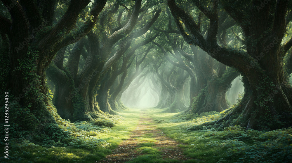 Poster dense forest pathway winding through towering trees with soft sunlight illuminating the lush greener