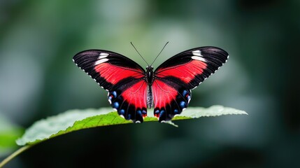 Obraz premium Red butterfly on leaf, green background, nature