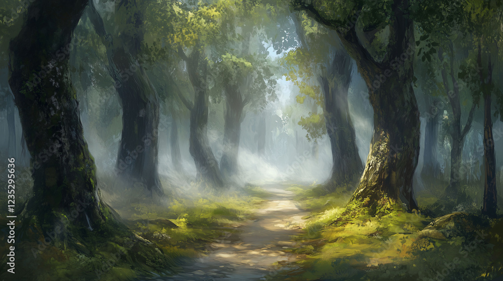 Poster winding pathway through a misty forest with towering trees during the early morning light. generativ