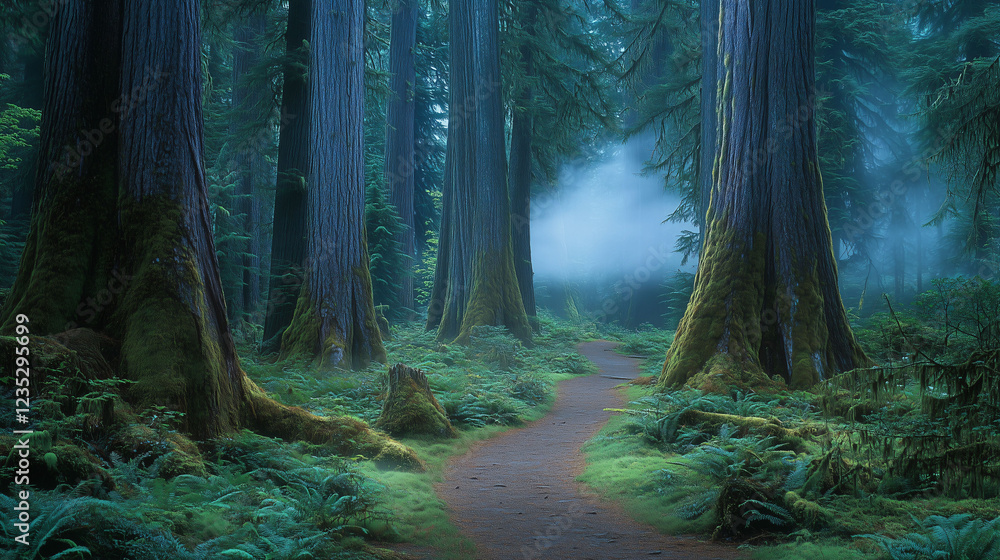 Poster winding pathway through a dense forest with towering trees and misty atmosphere. generative ai