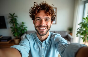 Obraz premium Young man takes selfie in modern home living room. He smiles happily at camera. Indoor shot. Casual style. Relaxed mood. Interior is cozy and stylish.