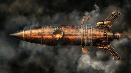 Steampunk Rocket Ascending Through Dark Clouds