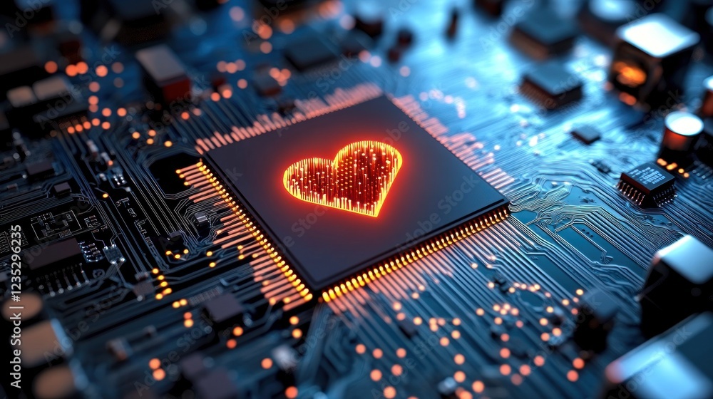 Poster Digital Heart Glowing Within Computer Chip Circuitry