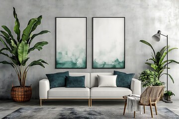 A modern living room featuring a white sofa, green plants, and abstract wall art.