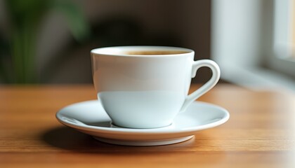 Obraz premium White Coffee Mug on Wooden Table by Window Mockup