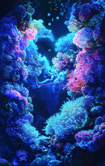 Obraz premium Romantic Underwater Fantasy Scene with Heart-Shaped Coral, Ethereal Oceanic Glow, and Dreamlike Atmosphere for Valentine's Day